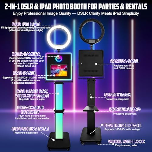 Photo Booth for iPad 10.2" 10.9" 11" 12.9" & Camera,2-in-1 Selfie Station Shell Stand Camera Photobooth Machine,App Control RGB Fill Light,for Parties,Rental Business (Black + Honeycomb Box) - Image 2