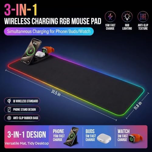 3-in-1 Wireless Charging Mouse Pad, 15W RGB Gaming Desk Mat with Phone, Watch & Earbuds Charging Station, 31.5 x 11.8 in Extended Mouse Pad, Smooth Surface, Non-Slip Rubber Base, Black - Image 2