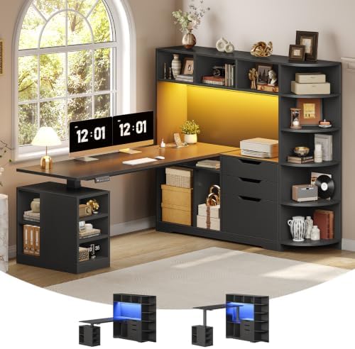 SEDETA 59" L Shaped Standing Desk with 3 Drawers Storage and Bookshelves by SEDETA