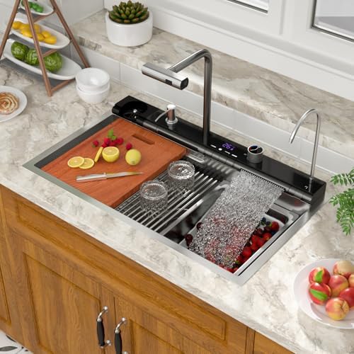 Mocoloo 30 Inch Honeycomb Waterfall Kitchen Sink Drop in, 30x19 Inch Stainless Steel Workstation Sink 16 Gauge Topmount Single Bowl LED Display Sink with Complete Kit - Image 2