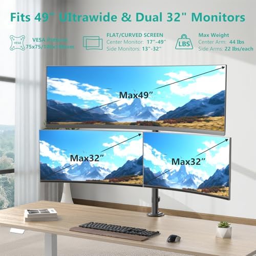 WALI Stacked Triple Monitor Mount for 49" Ultrawides and Dual 32" Monitors - Image 2