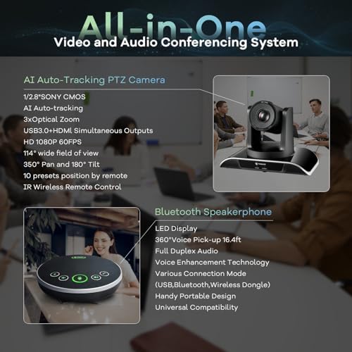 TONGVEO All-in-One Conference Room Video Camera System Al Auto-Tracking HD1080P 60fps 3X Optical Zoom USB3.0 HDMI PTZ Camera and Bluetooth Conference Speakerphone with Microphones - Image 2