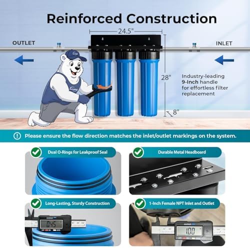 iSpring WGB32BM+AHPF12MNPT16X2 3-Stage Whole House Water Filter System, Reduces Iron & Manganese, Chlorine, Sediment Home Water Filtration System w/ 3/4'' Braided Stainless Steel Hose Connectors - Image 4