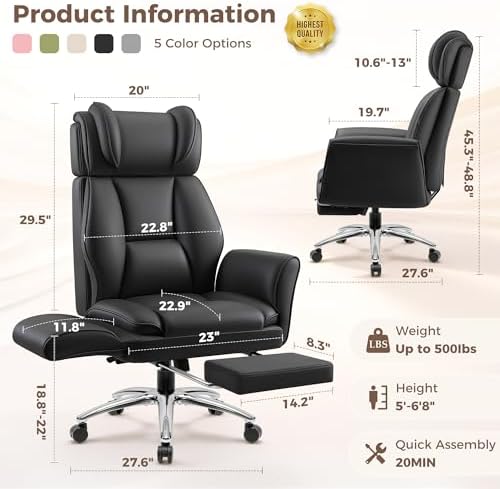 Big and Tall Office Chair, Flip Armrests for Pets & Cross Legged Sitting, Ergonomic Leather Executive Desk Chair with Foot Rest, High-Back Reclining Computer Chairs for Home Office Gaming, Black - Image 2