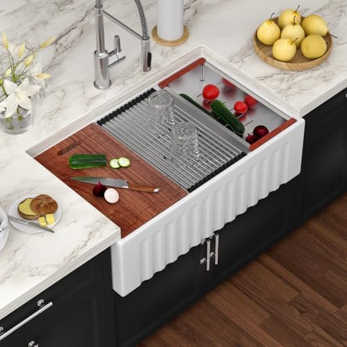 30 Inch White Farmhouse Sink Workstation White Apron Front Fireclay Farm Sink Reversible Apron Fireclay Single Bowl Sink Large Deep Farm Kitchen Sinks with Accessories, 30" x 20" x10" by Couoko
