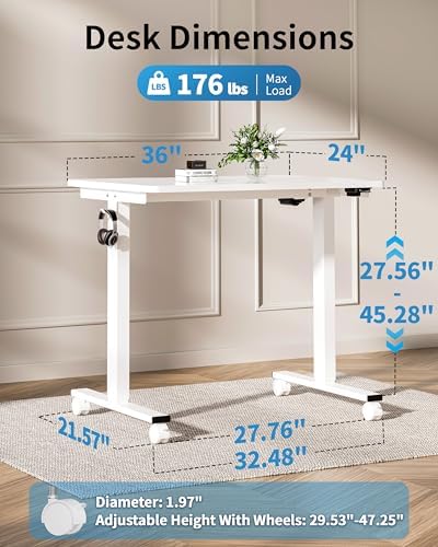 Okin Small Electric Standing Desk, 36" x 24" Whole Piece Height Adjustable Desk, White Sit to Stand Computer Workstation with Wheels for Home Office - Image 2