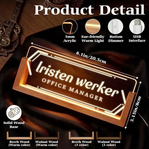 Personalized Light Up Acrylic Desk Name Plate - Custom Name Plate for Desk with Walnut Wood Base - Appreciation Office Gifts for Employees, Teacher, Social Worker (Frame) - Image 2
