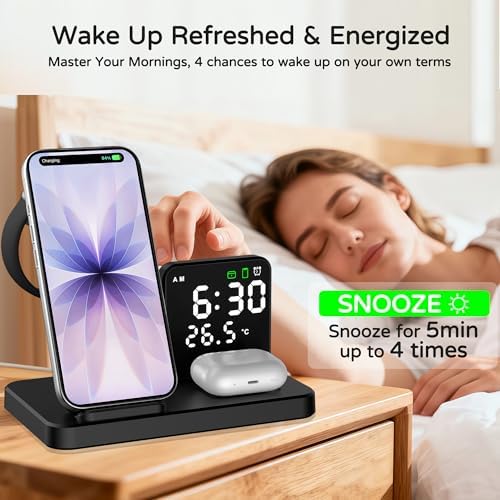 5 in 1 Wireless Charging Station with Alarm Clock Pen Holder, Fast Wireless Charger for iPhone 17/16/15/14/13/12/Pro/Max/Air, for iWatch & AirPods, Charger Stand with Temperature, Snooze Model White - Image 3
