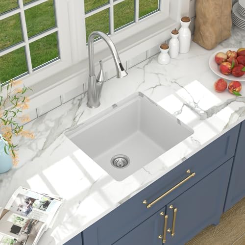 Lordear 21 Inch Granite Composite Bar Sink - 21"x18" Undermount Kitchen Sinks White Quartz Composite Sinks Single Bowl Under Counter Ledge Workstation Bar Prep RV Sink Basin - Image 2