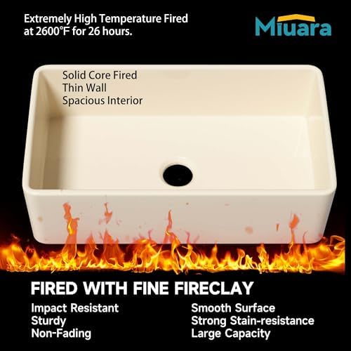 Miuara Farmhouse Sink 33 x 18 Inch Bone Fireclay Apron Front Kitchen Sink - Image 5