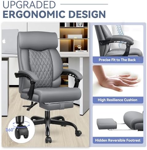 Office Chair, Big and Tall Office Desk Chair, Reclining Office Chair with Footrest Home Office Desk Chairs, High Back Ergonomic with Lumbar Support, Executive Leather - Image 3