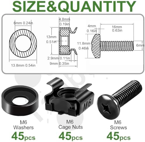 45PACK M6 x 16mm Rack Mount Cage Nuts, Screws, Washers, Black Server Rack Screws and Square Insert Nuts for Rack Mount Server Cabinet, Shelves, Enclosures, Routers - Image 2