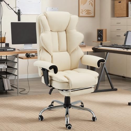 HOMREST Ergonomic Executive Office Chair, 6-Point Massage Manager Chair with Heating Function, Adjustable Backrest Home Office Chair with Adjustable Footrest and Armrests (Beige) - Image 2