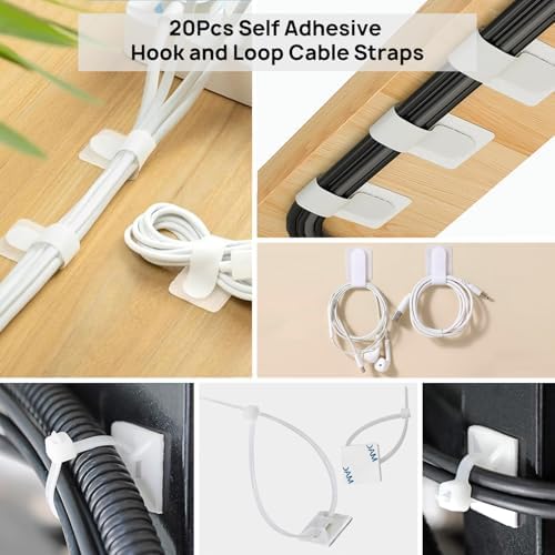 193 PCS Cable Management Kit - 4 Cable Sleeve, 57 Self Adhesive Cable Clips, 12 Hanging Strips, 12 Cable Organizer Straps and 100 Fastening Cable Ties for TV Computer Under Desk (White) - Image 6