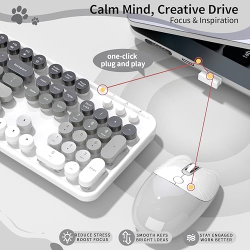 Creamy Wireless Keyboard and Mouse, MOFII 104 Round Keycaps Retro Typewriter with OTG & Brush, Full-Size Ergonomic, Ideal for Windows PC, Home, Office and College Gray White - Image 4