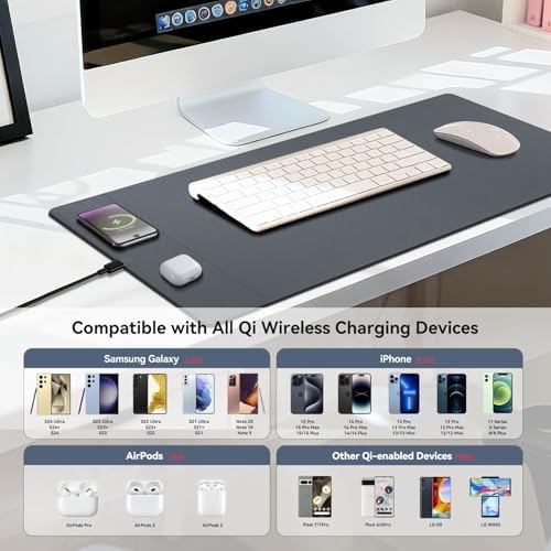 Wireless Charging Mouse Pad, 15W Fast Charge Magnetic Charger Desk Pad, Large Office Desk Mat (35.4"x16.9") with Ultra-Smooth Surface, Gray Computer Mousepad for MacBook, PC, Laptop - Image 6