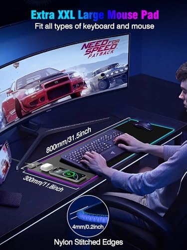 Mouse Pad with Magnetic Wireless Charging, Large Desk Pad Protector, RGB Black Mousepad Desk Mat with 15W Fast Charger, 4mm Thick Non-Slip, Waterproof Laptop Writing Pad for Office, Home, Gaming - Image 5