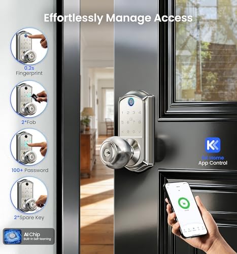 Veise VE018 Fingerprint Keypad Smart Door Knob Handle Lock, Satin Nickel - Image 2