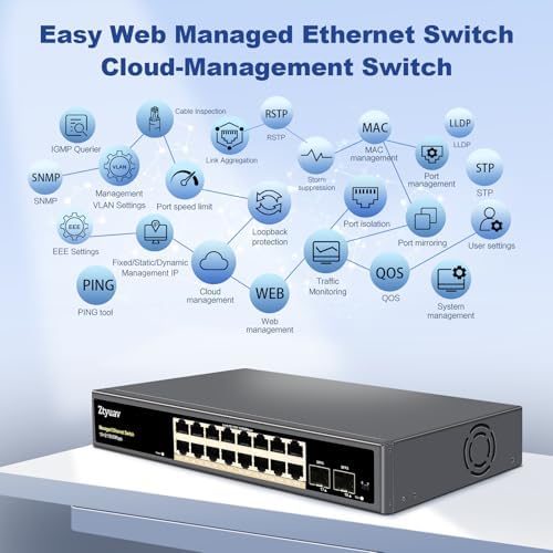 18-Port Full Gigabit Smart Managed Ethernet Switch-16 RJ45 Ports & 2 SFP Ports, Web & APP Managed, VLAN/QoS/IGMP/LAG/TELNET/CLI Supported, Home Office Network Hub, Metal Plug & Play - Image 3