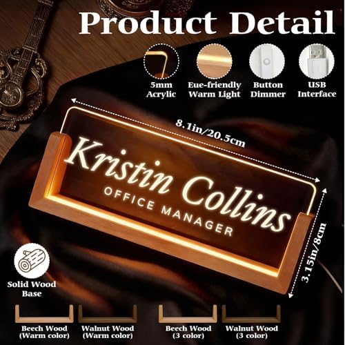 Personalized Light Up Acrylic Desk Name Plate - Custom Name Plate for Desk with Walnut Wood Base - Appreciation Office Gifts for Employees, Teacher, Social Worker (engraving) - Image 3