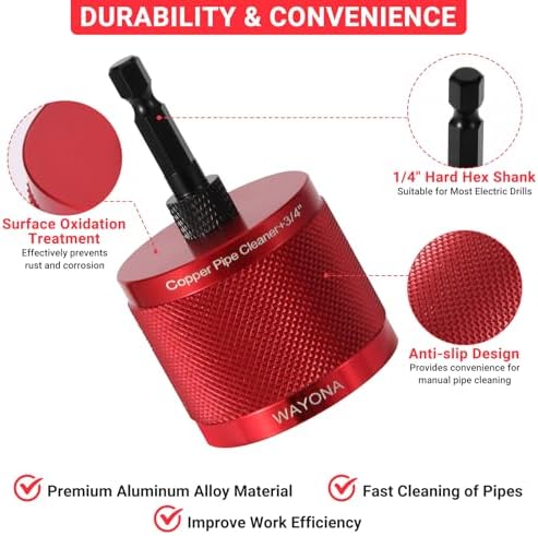 Wayona 1/2" & 3/4" Metal Copper Pipe Cleaner for Drill, with 1/4" Hex Shank, Each Size with 3PCS Brush Blades, Include 2PCS Pipe Brushes, for Cleaning Rust, Stains, Paint and Polishing on Copper Pipe - Image 3
