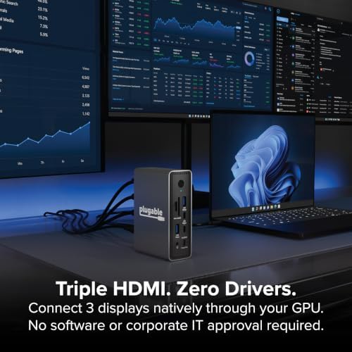 Plugable USB-C Triple Display Laptop Docking Station 3 Monitors, 15-in-1: 3X HDMI, Dual 4K or Triple (1x 4K60 + 2X 1080p) 2.5GbE, 100W PD, 30W USB-C Charge Port, Driverless for Windows, UD-MSTH3 - Image 2