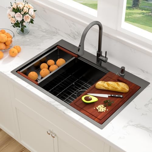Sarlai 33 Black Kitchen Sink with Faucet- 33x22 Inch Drop In Kitchen Sink Gunmetal Black Ledge Workstation Sinks 16 Gauge Stainless Steel Single Bowl Topmount Sinks Basin with Pull-out Faucet - Image 3