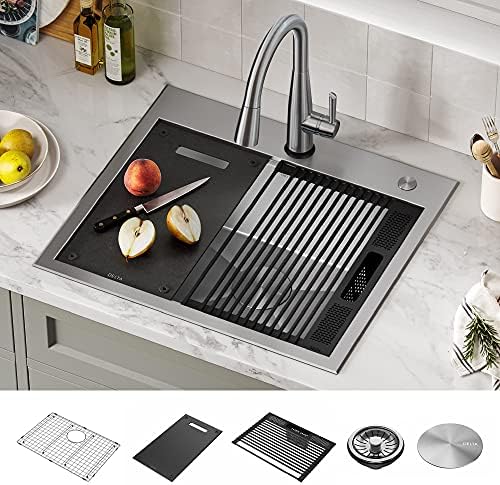 DELTA FAUCET Rivet 25-Inch Workstation Kitchen Sink Drop-In Top Mount 16 Gauge Stainless Steel Single Bowl with WorkFlow Ledge and Chef’s Kit of 5 Accessories, 95A931-25S-SS - Image 2