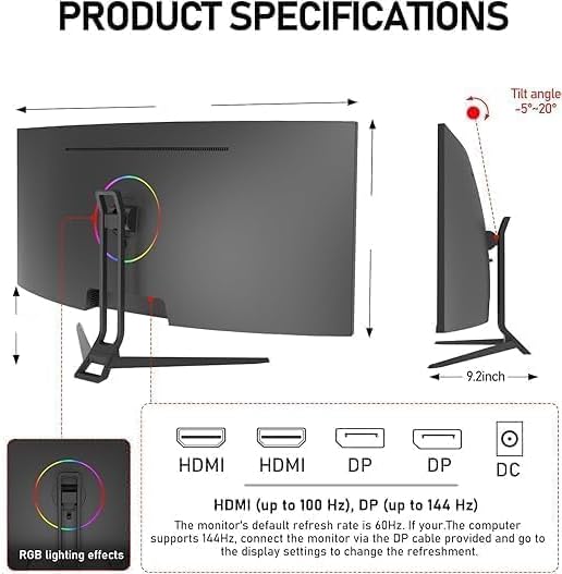 ZZA 34 Inch Monitor Curved Ultrawide,34 Inch Gaming Curved Monitor R1500 144hz Refresh WQHD 3440x1440,Computer Monitors 1ms, FreeSync & G-Sync,HDR10,122% sRGB,VESA - Image 7