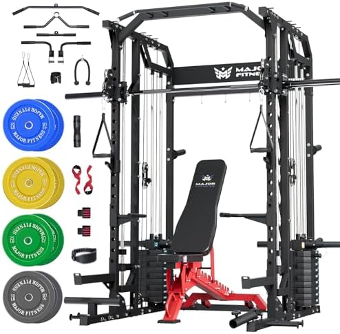 Major Fitness Drone2 Advanced Training Smith Machine – All-in-One Home Gym Squat Rack with Aluminum Pulley Set, Weight Bar, Dual LAT Pull-Down Systems & Cable Crossover Machine for Full-Body Workouts by MAJORFITNESS