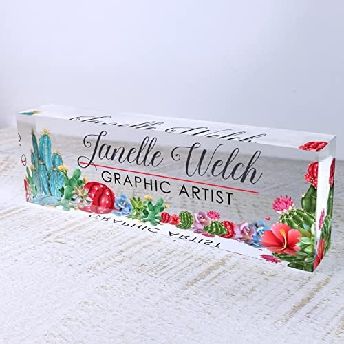 Artblox Office Desk Name Plate Personalized | Custom Name Plates for Desks | Cactus Design On Clear Acrylic Glass | Cute Office Desk Accessories Customized Gifts - (8" x 2.5") - Image 5