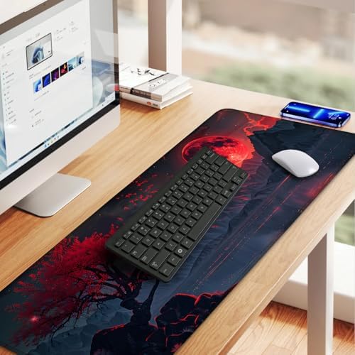 Red Moon Mouse Pad XXL – Large Gaming Desk Mat with Dark Mountain Landscape & Sakura Tree, Extended Mousepad with Non-Slip Base for Office, Gamer Setup,31.5 x 11.8 in - Image 6