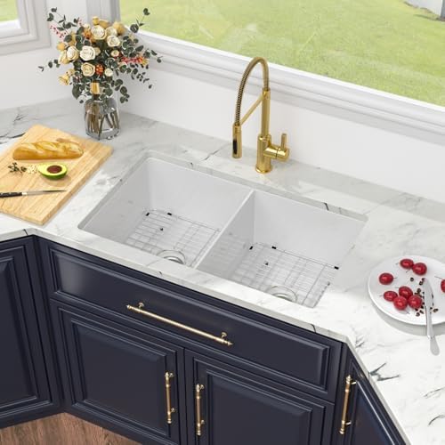 Kichae 32 White Undermount Kitchen Sink - 32x19 Inch Double Bowl Sink Undermount/Drop In Fireclay Ceramic Porcelain Dual Mount Double Basin 50/50 - Image 2