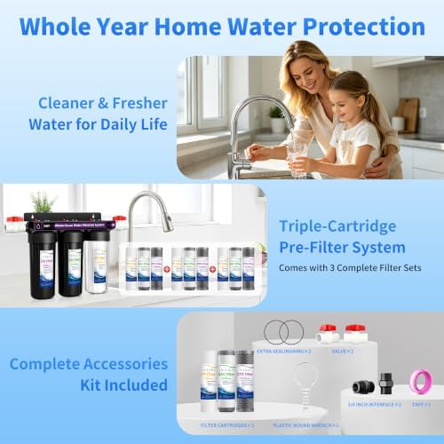 3-Stage Whole House Water Filter System, Reduces Se diment, Odor & Chlorine, 3/4" Inlet/Outlet, with Extra 2 Sets of Filters,for Apartment & Home, 10" x 2.5" Triple Pre-Filtration (PP + GAC + CTO) - Image 6