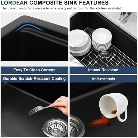 Lordear 33 Black Kitchen Sink Granite Composite Undermount Sink 33x19 Inch Quartz Composite Black Deep Single Bowl Workstation Undermount Kitchen Sinks - Image 6