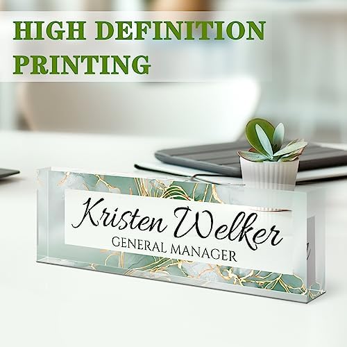 Name Plate for Desk, Desk Name Plate Personalized, Office Decor for Women Men, Acrylic Desktop Accessories, Office Appreciation Gifts for Boss Social Workers Nurse Teacher Employee (Green/Gold) - Image 3