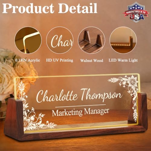 Custom Name Plate for Desk with LED Walnut Frame, Office Desk Decor - Image 2