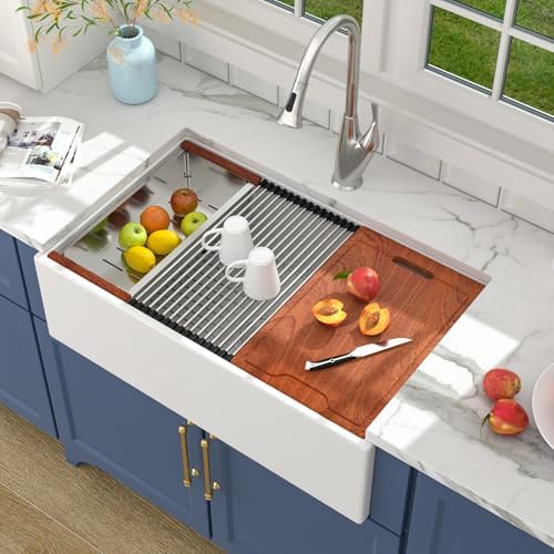 Lordear White Farmhouse Sink - 33 Inch Kitchen Sinks Workstation Apron Front Fireclay 33"x20" Porcelain Ceramic Single Bowl Farmer Sink Farm Sinks 33x20x10 Inch by LORDEAR