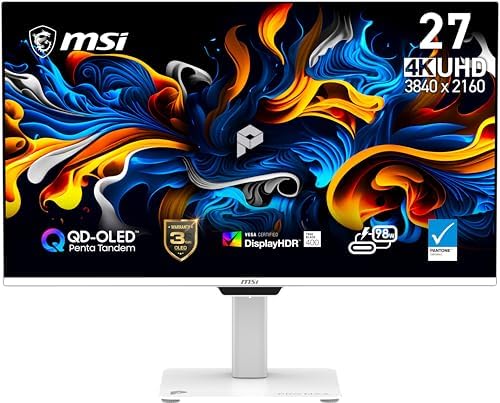 msi PRO MAX 271UPXW12G 27 inch 4K UHD QD-OLED (3840x2160) Hub Monitor,120Hz, DisplayHDR True Black 400, 98W PD, Dual USB-C,Mac Color Match,Brightness&Volume Control,Height Adjustable, Speakers, White by Unknown