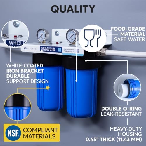 Aquaboon 2-Stage Whole House Water Filter System with 5 Micron 10x4.5 House Water Purification Reducing Sediment and Odors, Carbon Chlorine Reduction Filter (CTO), Pressure Gauge, Wrench, Bracket - Image 3