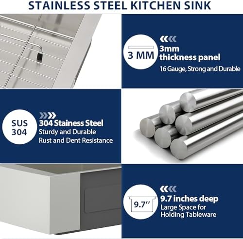 Lordear 30 Kitchen Sink Apron Front 30X22 Inch Farmhouse Sink Workstation 16 Gauge Stainless Steel Single Bowl Handmade Kitchen Farm Sinks Basin, 9" Apron Height - Image 6