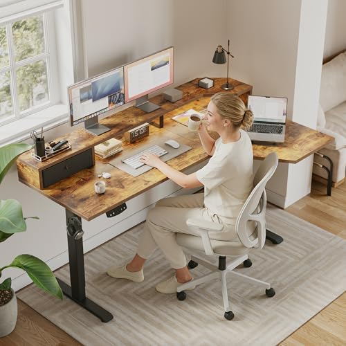 Agilestic 63*35 Inch L Shaped Standing Desk with Shelf & Led& Outlet, Brown - Image 2