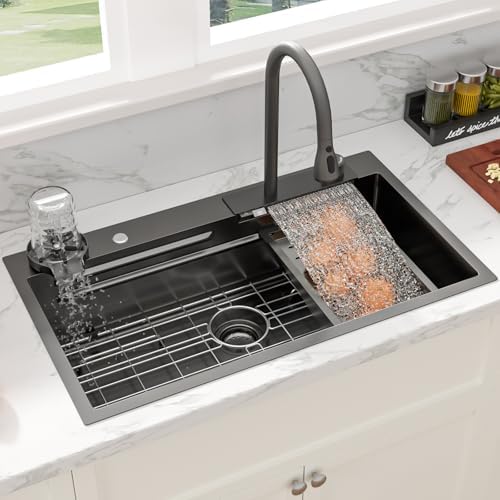 Sarlai Waterfall Kitchen Sink - 33 Inch Drop In Workstation Sink With Waterfall Black Stainless Steel 16 Gauge Multifunction Single Bowl Smart Top Mount Kitchen Sinks with Mechanical Keys 33x19x9 Inch - Image 3