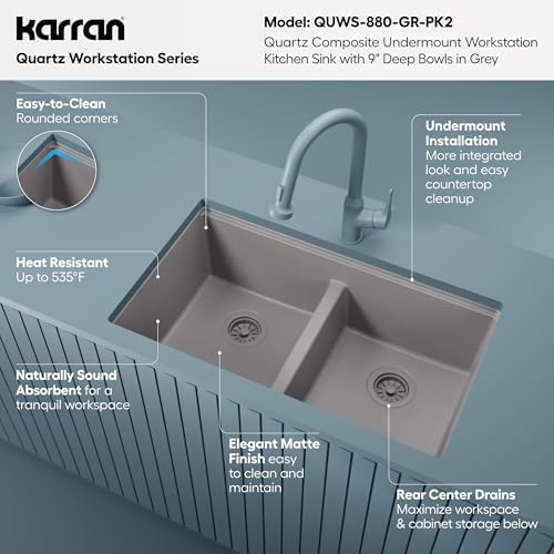 Karran 32.5 Inch Undermount Quartz Composite Workstation Kitchen Sink, 50/50 Double Bowl Low Divide with Color Matched Accessories, Cutting Board, Drying Mat, Colander & Strainers Grey - Image 4