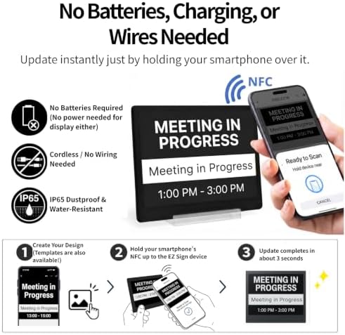 [Santek] EZ Sign NFC E-Paper Display – Battery-Free, 0.13" Ultra-Thin Rewritable 2-Color Display, Unique ID & Name Tag, No Pairing, PC/Android/iOS Compatible IP65 (Black, 4.2" 6pcs, No Stand/Clip) - Image 2