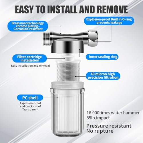 5 Or 40 Micron Reusable Brass Sediment Filter, Visual Washer Water Filter System, 12 GPM High Flow, for Washing Machine, Heater, Shower, Garden, 1/2" NPT+3/4" GHT Chrome (Stainless Steel Filter 40um) - Image 2