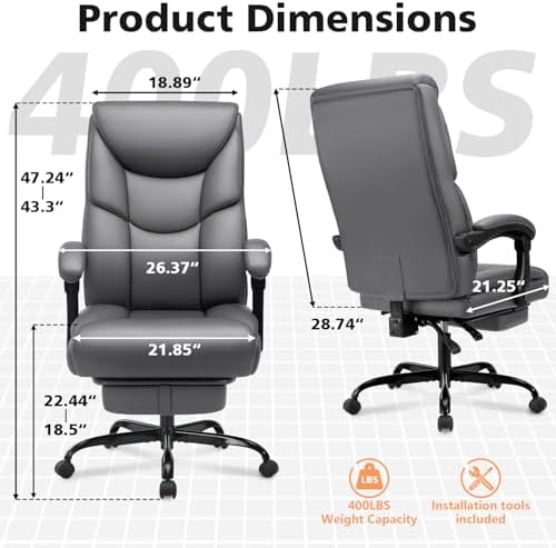 WAILOR 400lbs Office Chair with Foot Rest, Reclining Big and Tall Office Chair with Lumbar Support, High Back PU Leather Computer Chair,Comfy Desk Chair for Home Office (Gray) - Image 3