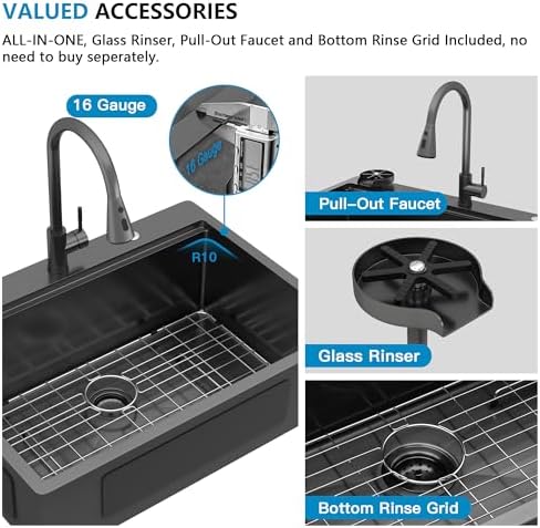 30"x22" Drop In Kitchen Sink Ledge Workstation – Gunmetal Black NANO-PVD, 16 Gauge 304 Stainless Steel Top Mount Single Bowl Sink Basin with Faucet Combo & Glass Rinser - Image 7