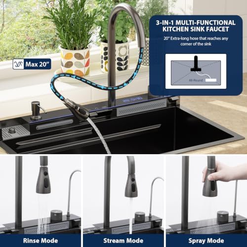Lordear 30 Inch Black Drop In Smart Kitchen Sink with Waterfall Faucet - Image 6