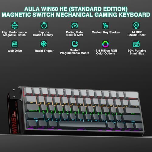 Aula WIN60 HE - 60% Mechanical Gaming Keyboard Wired, Hall Effect Magnetic Switch Hot Swappable,8000 Hz Polling Rate, RGB Keyboard 60 Percent Compact Design for PC (Gradient Gray) - Image 2
